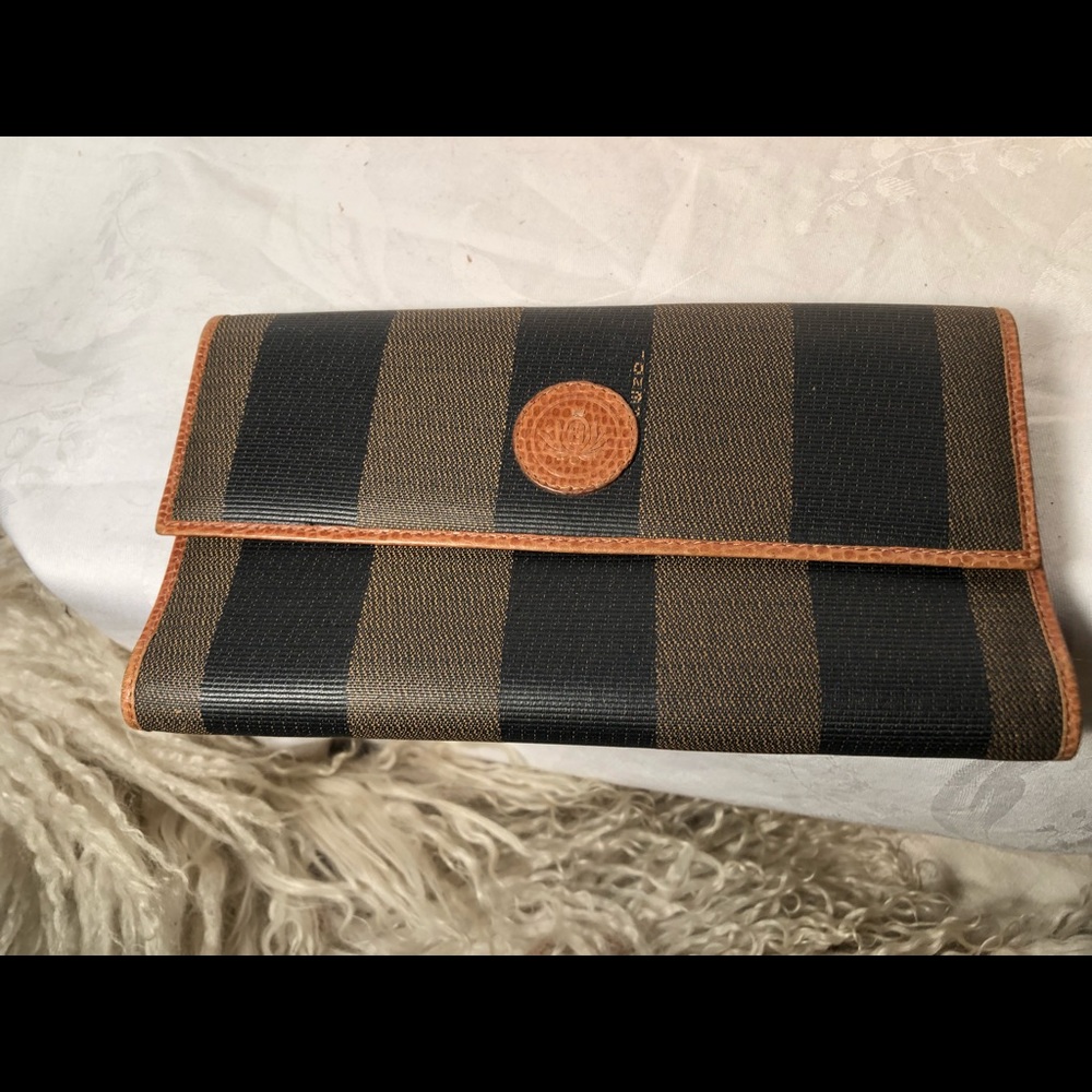 FENDI Pequin Striped Tri-fold Wallet Vintage Auth